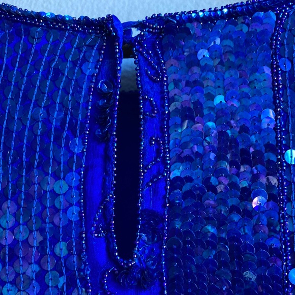 Vintage 80s 90s Tribout Silk Sequin Beaded Royal Blue Glam Event Party Top sz L - Picture 12 of 16